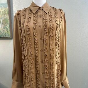 Max‎ Studio Ruffle Front Button Down Blouse Tan - Size M
